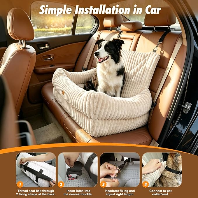 Dog Car Seat, Dog Booster Car Seats with Memory Foam, Thickened Cushion & Washable Removable Cover, Pet Travel Carseat Bed with Safety Leashes for Medium/Large Dogs or 2 Small Dogs, Beige