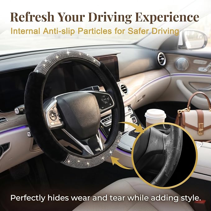 Bling Fluffy Steering Wheel Cover for Women Girls, Rhinestone Diamond Sparkling Fur Steering Wheel Protector Elastic Steering Wheel Covers Winter Warm Universal Fit 14-15 inches -Black | Colorful Diamond Elastic Car Steering Wheel Accessories Sparkling...