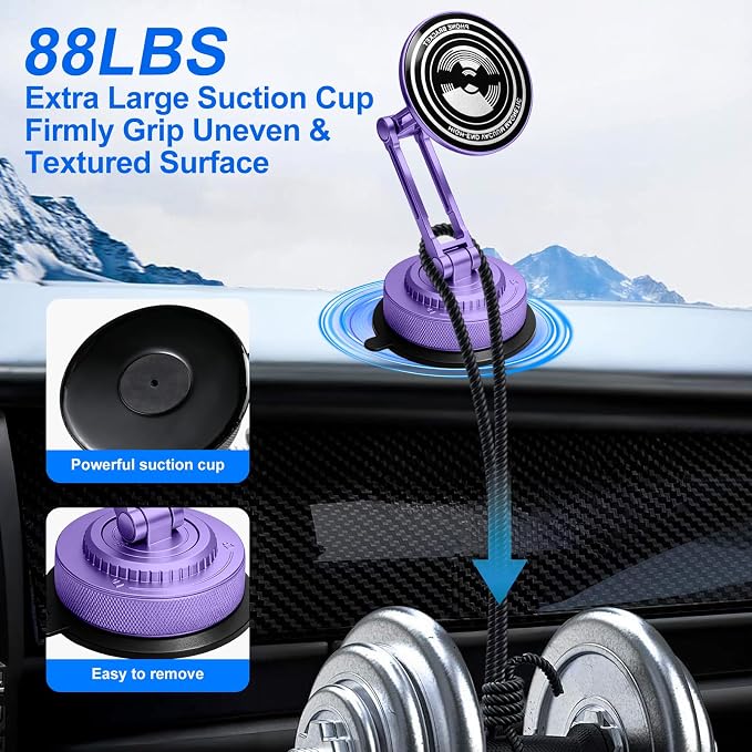 All-Metal Alloy Long Arm Magnetic Suction Cup Car Phone Mount(Purple) | Strong Powerful Magnetic Heavy-Duty Windshield Dash 360° Mechanical Rotation Cell Mobile Phone Vehicle Bracket for All Cars