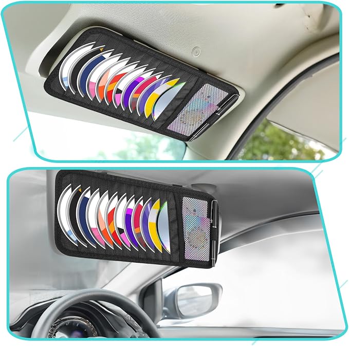 Trinkrittey Black Car CD Case Holder DVD Vehicle Visor Storage Orangizer Large Capacity CD Visor Case with 12 DVD Storage Sleeves 1 Mesh Pocket 1 Pen Holder and Elastic Strap