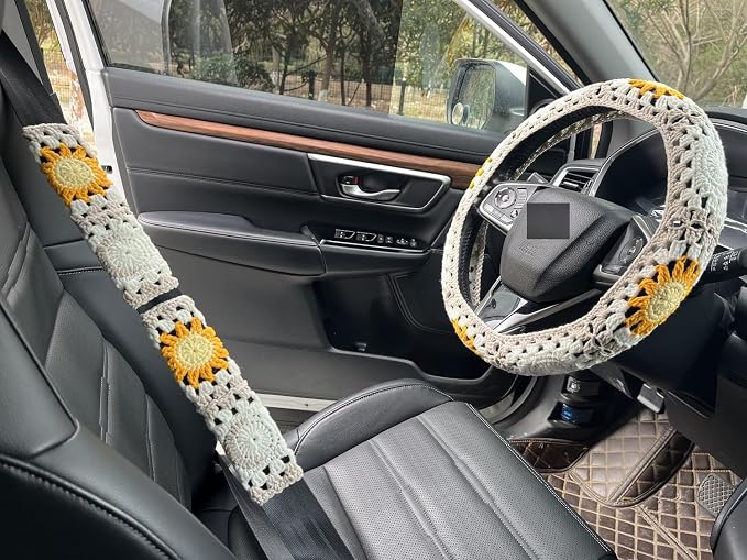 Handmade Crochet Sun Moon Car Steering Wheel Covers Universal 14-15 inch,Cute Steering Wheel Cover,Car Accessories (Steering Wheel Cover+2 Belt Cover)