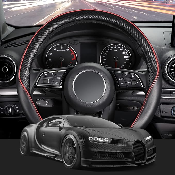 Car Steering Wheel Cover Universal Standard Size 14 1/2"-15" Leather with Carbon Fiber Pattern Black and Red