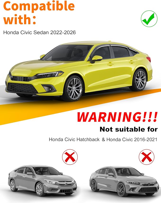6-pcs Low-Profile Window Rain Guard for Honda Civic Sedan 4dr 2022-2026 Side Window Visors Extra-Thick Vent Visor Full Size Window Deflectors Vent Shades Car Accessories