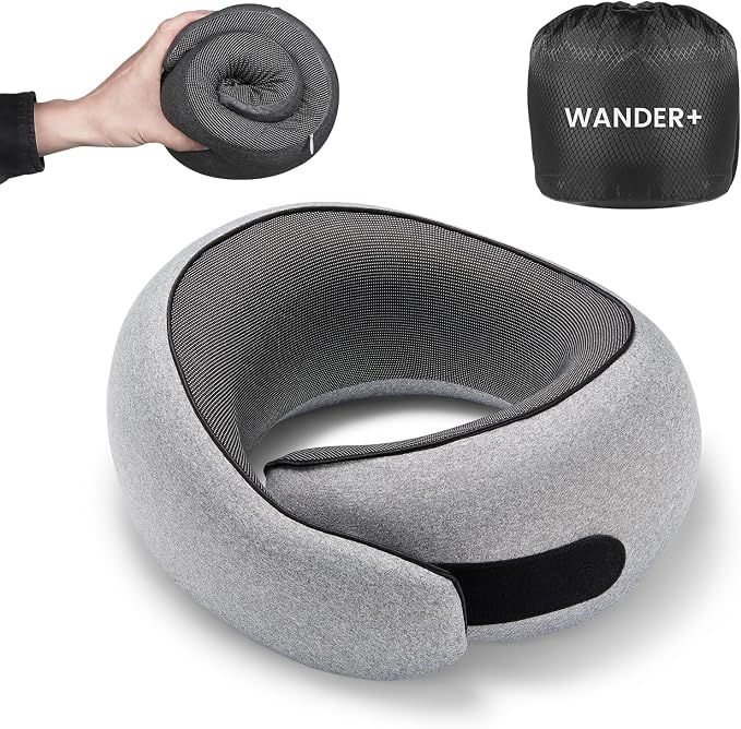 Travel Pillow, 100% Pure Memory Foam Travel Neck Pillow Airplane Neck Support Ergonomic Design Best for Sleeping Plane Car Train Office Flight for Adults Grey