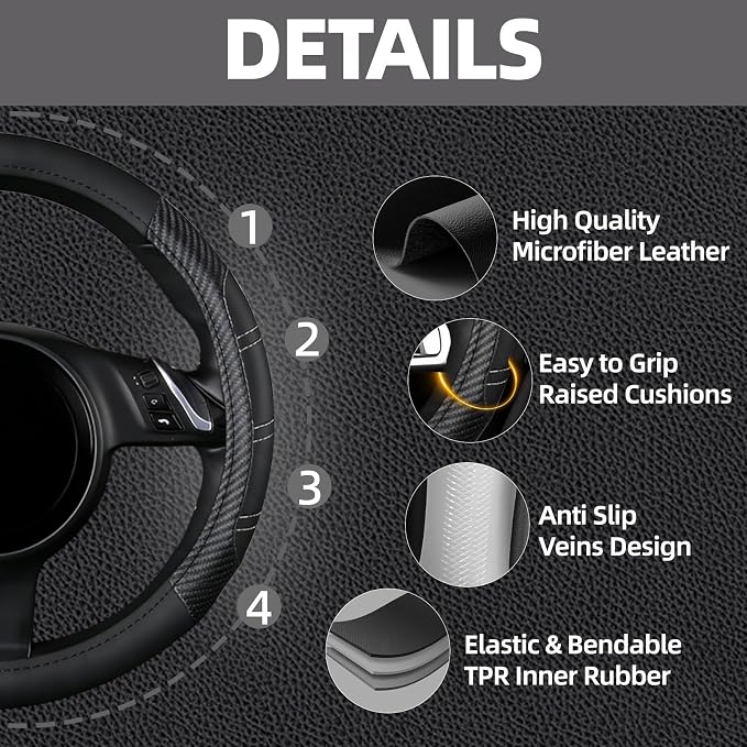 10 Pcs Car Floor Mats Full Set & Sport Leather Steering Wheel Cover 14.5-15 inch, Center Console Cover, Seat Belt Cushion, Cup Holder Coaster, Universal Automobile Interior Sets (Black)
