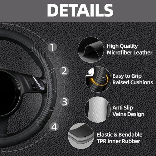 10 Pcs Car Floor Mats Full Set & Sport Leather Steering Wheel Cover 14.5-15 inch, Center Console Cover, Seat Belt Cushion, Cup Holder Coaster, Universal Automobile Interior Sets (Black)