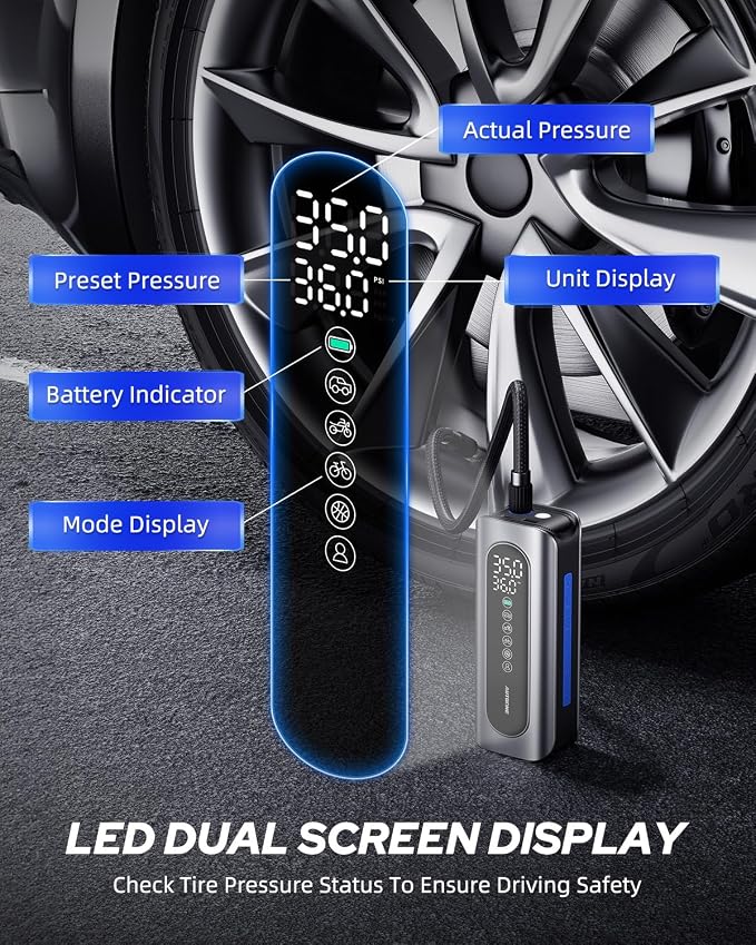 Tire Inflator Portable Air Compressor - 4X Faster 150PSI Cordless Air Pump with Digital Tire Pressure Gauge, 12V Car Power Adapter - for Car Motorcycle Bike Ball and More
