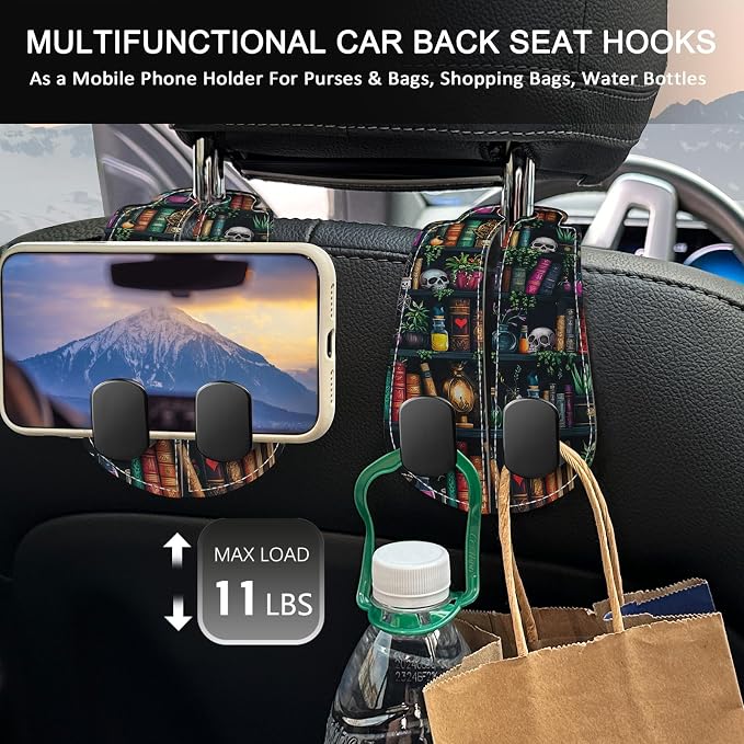 2PCS Car Hooks Purses and Bags, Goth Gothic Bookshelf Skull Skeleton Seat Back Storage Headrest Holder Hanger PU Leather Double Metal Backseat Organizer, Women Car Accessories Organization