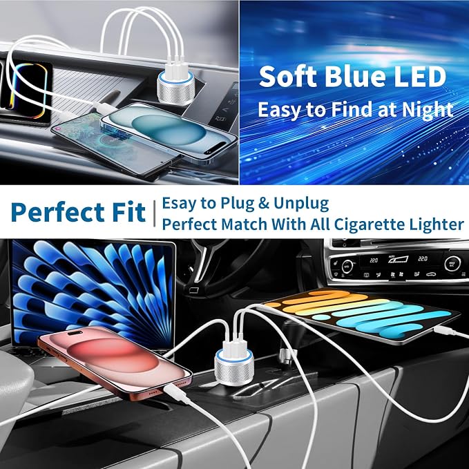 USB C Car Charger, 2Pack 67W 3-Port USB-C & USB-A Fast Car Charger Cigarette Lighter Fast Charging for iPhone 16/15/14/13/12/11/Pro Max, iPad Pro, Galaxy S24/S23/S22, Google Pixel, Android