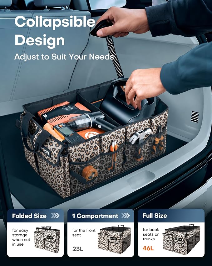 Trunk Organizer - Car Organizer, Foldable Trunk organizer for SUVs & Sedans, Sturdy Car Organization for Car Accessories, Tools, Sundries, Brown Leopard, 2 Compartments, 21.3"×12.6"×10.6"