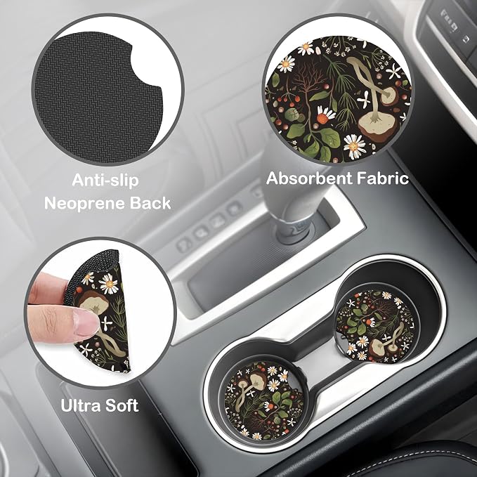 Mushrooms and Herbs Steering Wheel Cover with 2 Pcs Car Coasters Neoprene Steering Wheel Cover for Women Men Anti-Slip Breathable Car Accessories Universal 15 Inch Fit Auto Cars Trucks
