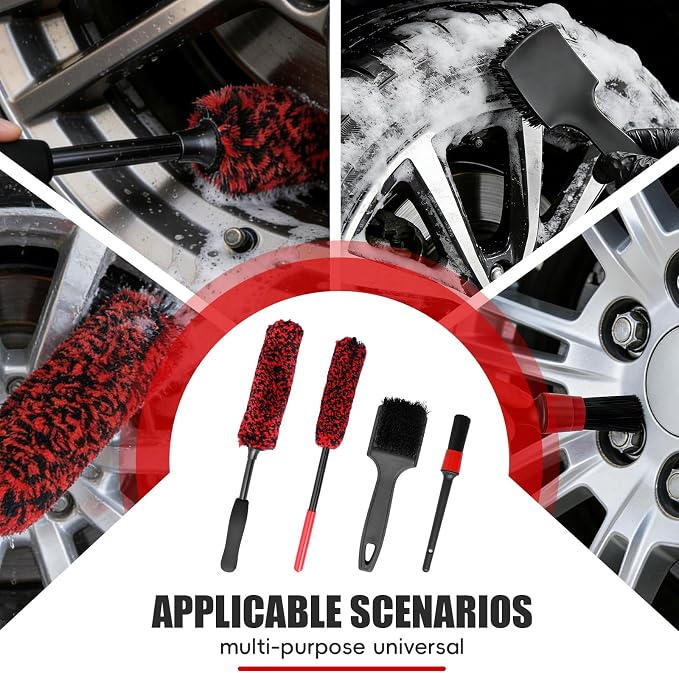 4PCS Long Handle Wheel Brush Kit,Bendable and Durable Wheel Rim Cleaner Brush Set Red