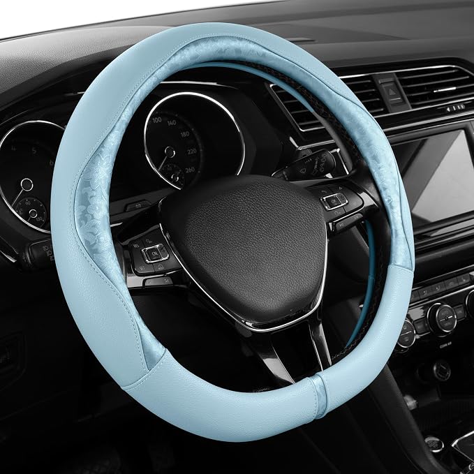 Steering Wheel Cover, Light Blue Patterned Leather Patchwork Design, Universal Fit 14.5"–15.5" D-Shape Steering Cover, Soft PU Grain Leather, Durable Grip Car Accessory for Girls & Women