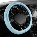 Steering Wheel Cover, Light Blue Patterned Leather Patchwork Design, Universal Fit 14.5"–15.5" D-Shape Steering Cover, Soft PU Grain Leather, Durable Grip Car Accessory for Girls & Women