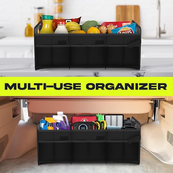 Car Trunk Organizer, Collapsible Two Compartment Organizer, Foldable SUV & Truck Storage for Car Accessories for Women Men, Non Slip Bottom, Sturdy Side Walls, Strong Handles, 75L