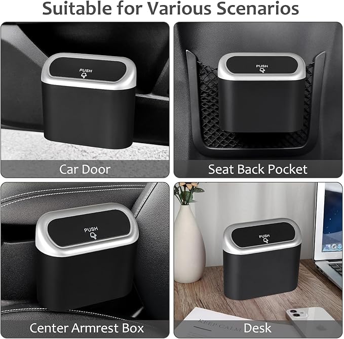 Car Trash Can with Lid, Mini Vehicle Trash Bin Car Dustbin Garbage Organizer Holder with Trash Bag, 2 Pack Small Hanging Leakproof Cars Storage Bag Container for Auto, SUV, Office (Silver)