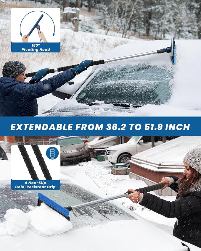 2025 Extra Long 55.7" Ice Scrapers for Car Windshield Multi-Functional Detachable Car Ice Scraper with Foam Grip and 270° Pivoting Brush Head Snow Brush for SUV Truck Auto (Blue)