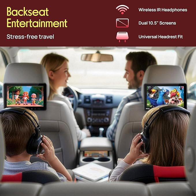 Pyle PLHRDVD108KT 10.5-Inch Universal Headrest Monitors with DVD Players, IR and FM Transmitters and Wireless Headphones