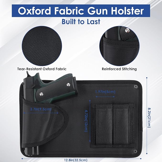 Upgraded Gun Holster with Back Hook, Strong Adhesive Strip, Two Way Mount, Universal Pistol & Mag Holster for Most Pistols, Foldable Gun Holsters with Snap Button, for Daily Storage or Outside Carry