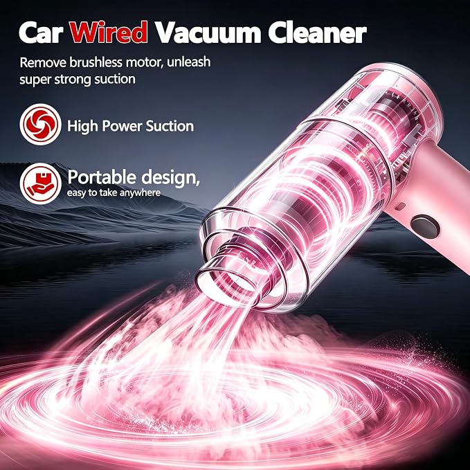 High Powerful Car Vacuum Cleaner - Powerful Suction Portable Handheld Vacuum with Washable Filter, Low Noise, 12V Auto Accessories Kit for Interior Detailing - Pink