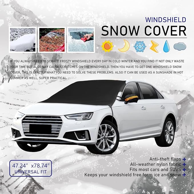 Snow Cover for Cars,Windshield Cover for ice and Snow and Ice Removal Sunshade,Frost Windshield Cover for Ice,2*Removal Side Mirror Protector,Wide Size 78"x47" inch,Black