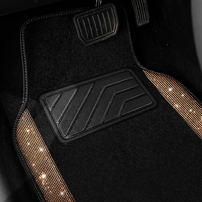 Bling Diamond Car Floor Mats, Shining Rhinestone Carpet Sparkly Glitter Crystal with Anti-Slip PVC Heel Pad Waterproof Universal Fit Automotive SUV,Sedan,Van,Cute Girl Women,4pcs Golden
