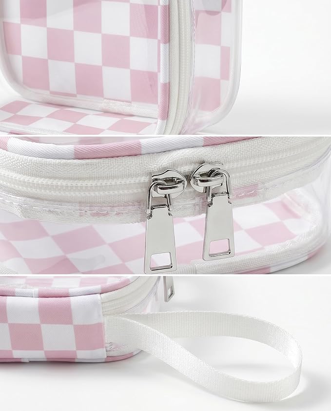 Preppy Clear Makeup Bag Travel Cosmetic Case Transparent Pink and Beige Checkered Toiletry Bag with Zipper,Portable Make Up Organizer Traveling Compact Pink Car Essentials for Girls