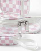 Preppy Clear Makeup Bag Travel Cosmetic Case Transparent Pink and Beige Checkered Toiletry Bag with Zipper,Portable Make Up Organizer Traveling Compact Pink Car Essentials for Girls