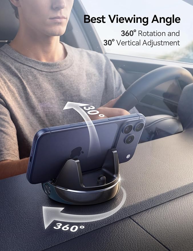Car Phone Holder Mount, 360° Adjustable & Avoid Sun Glare Phone Holder for Car, Slip Free Spring Snap Design Dashboard Phone Stand, Compatible with Smartphones, GPS Devices