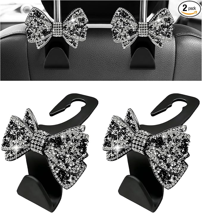 2PCS Bling Bow Car Seat Headrest Hooks, S-Type Crystal Auto Rear Seat Organizer for Handbags Purses Groceries, Cute Rhinestone Bow Seats Back Storage Hook for SUV Truck Sedan (Black)