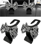 2PCS Bling Bow Car Seat Headrest Hooks, S-Type Crystal Auto Rear Seat Organizer for Handbags Purses Groceries, Cute Rhinestone Bow Seats Back Storage Hook for SUV Truck Sedan (Black)