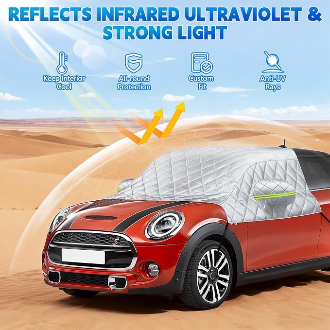 Custom Fit Windshield Snow Cover for Mini Cooper – 6-Layer Frost Guard with Mirror Covers & Secure Steel Hooks – Automotive Windshield Snow Covers