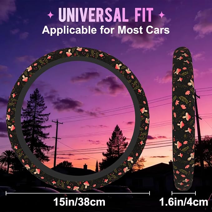Vintage Mushroom Steering Wheel Cover for Women Men Neoprene Breathable Botanical Floral Wheel Cover Protector Anti-Slip Car Accessories Universal 15 Inch Fit for Cars Trucks Vehicles