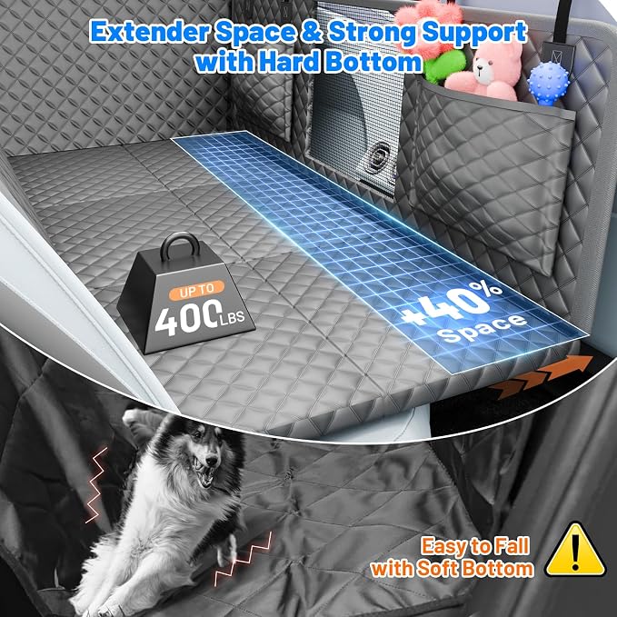 Dog Car Seat Cover for Back Seat with Hard Bottom,Waterproof Back Seat Extender for Dogs,Dog Hammock Dogs Bed for Cars, SUVs,Pet Seat Cover for Back Seat Holds 400lbs with Mesh Window & Pocket-Grey