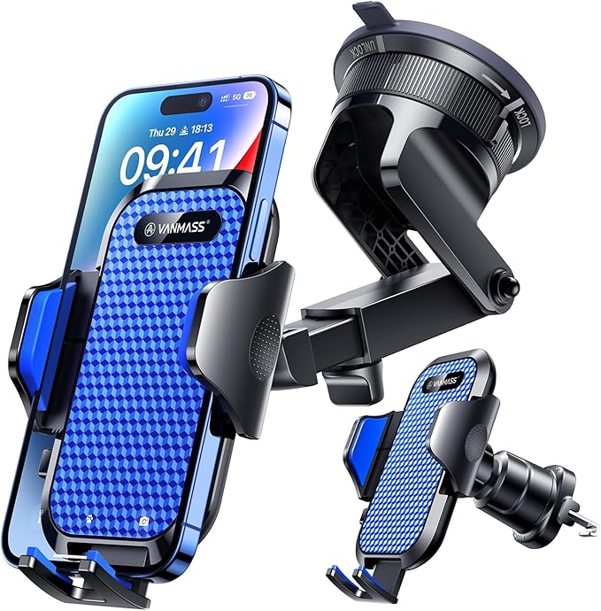 [True Military-Grade] Car Phone Holder [Best Suction & Clip] Cell Phone Mount for Dashboard Windshield Vent Truck Cradle Dash Stand for iPhone 15 Pro Max 14 13 12 Android, Blue