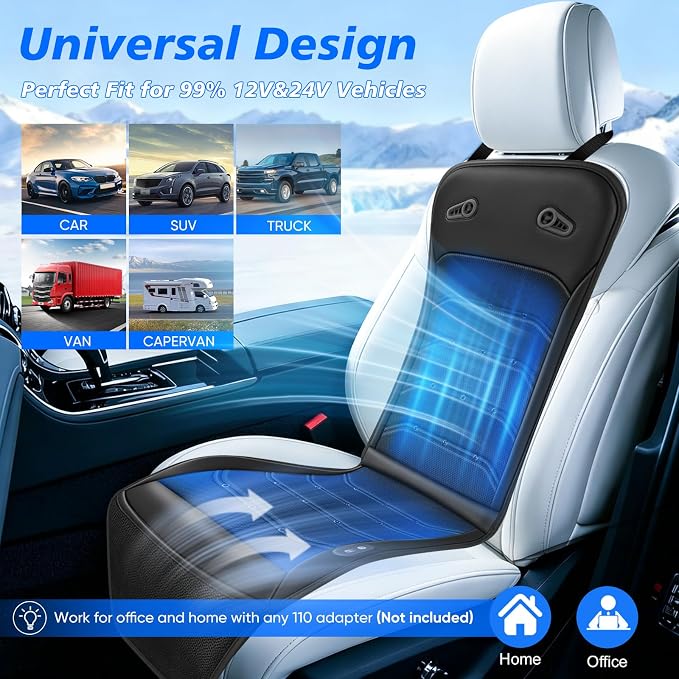 Cooling Car Seat Cover: 2-in-1 Car Seat Cushion with Massage & Ventilation, 12V/24V Universal Fit for Car/Truck/SUV, Intensity, Breathable & Comfortable (Black)