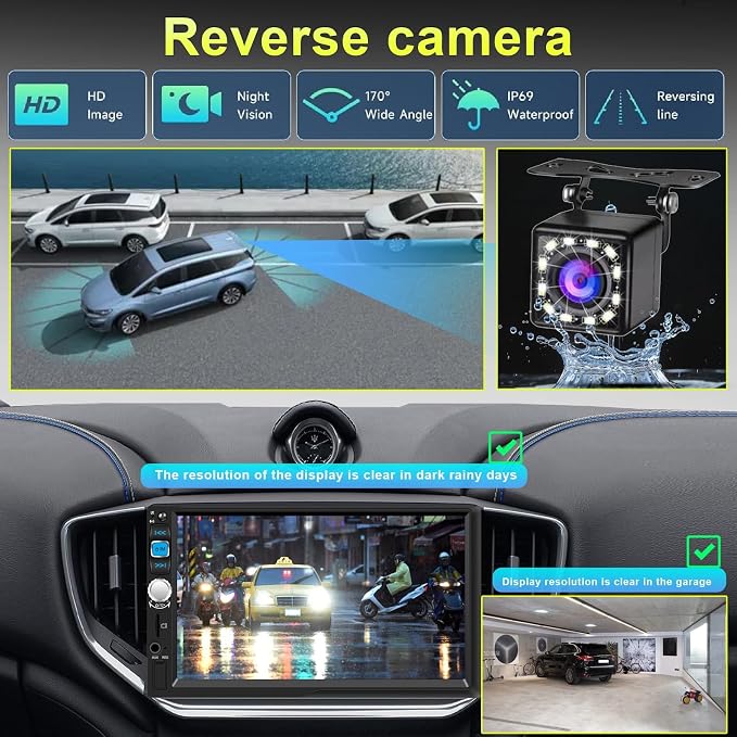 Double Din Car Stereo with 7" IPS Touchscreen, Wireless Apple Carplay & Android Auto, Bluetooth, 180W, Backup Camera, Subwoofer Output, Mirror Link, MIC, Car Radio Receiver