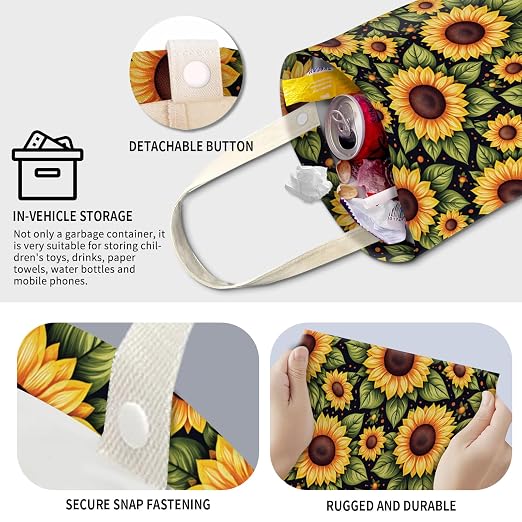 Cute Car Trash Can, Hanging Canvas Car Back Seat Organizer and Storage Bag, Funny Car Trash Bag for Travelling, Outdoor Cute Sunflower