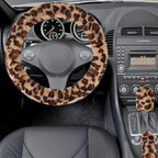 Fuzzy Car Steering Wheel Cover, Universal Fit Fur Auto Wheel Cover & Handbrake Cover & Gear Shift Cover Set, Leopard Warm Fluffy Vehicle Wheel Protector Car Accessories for Men Women (Brown)