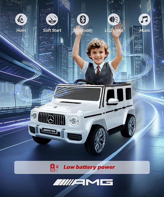 Licensed Mercedes-Benz AMG G63 Ride on Toys,Electric Car for Kids W/Parents Control,Electric Powered G Wagon Ride On Truck Toy,Low Battery Prompt,Bluetooth,Flickering Lights/LED Lights, White