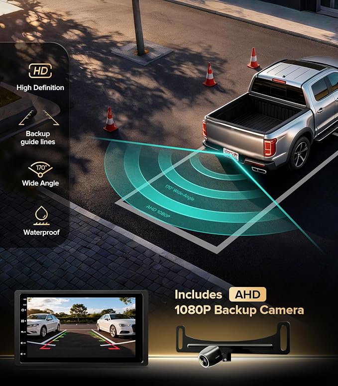 7 Inch Android 13 Double Din Car Stereo | Wireless CarPlay Android auto Mirror Link,Bluetooth,GPS,WIF, Android 13,FM/AM Tuners,Include 1080P Cam,Retain OEM SWC+Cam