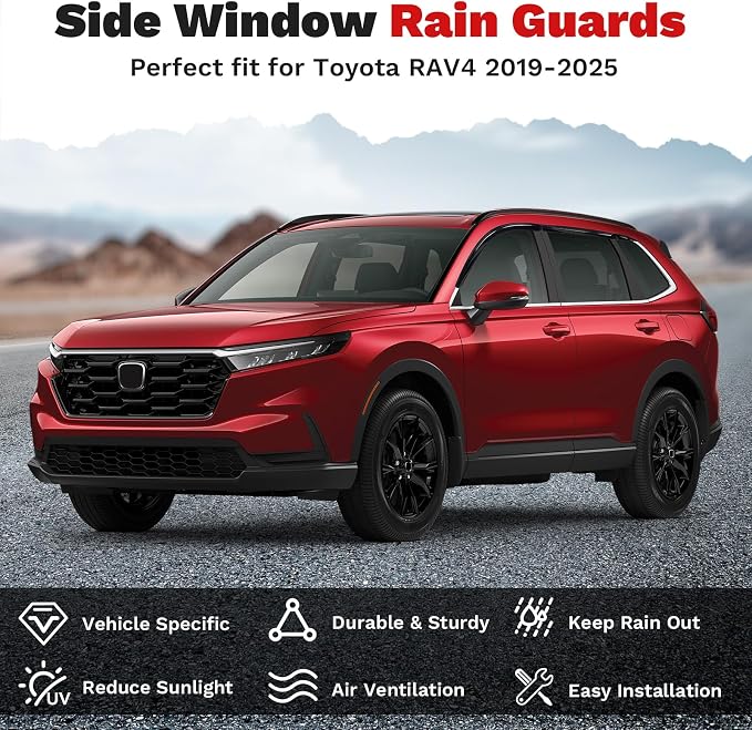 6-pcs Window Rain Guards for 2019-2025 Toyota RAV4 Accessories | Outside-Mount Tape-On Side Window Visors RAV4 Wind Deflectors Vent Visors Shades Rainproof Black
