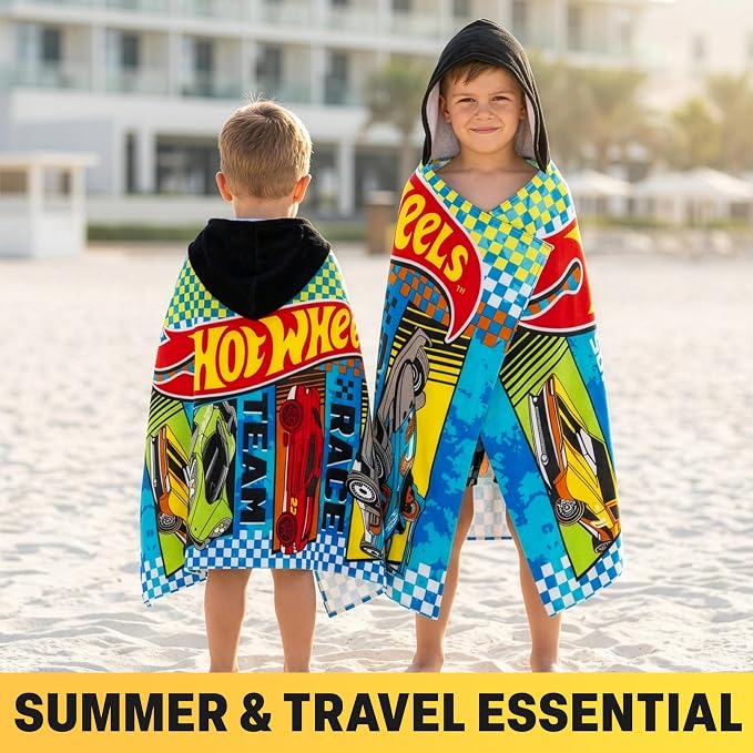 Hot Wheels Cars Bath Towels with Hood for Boys, Ages 2-6, One Size Soft and Absorbent Hooded Cotton Beach Towel Wrap, Swimming Pool Poncho, Gifts for Boys (Multi Hot Wheels)