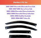 KPY Rain Guards Fit for 2001-2007 Chevrolet Silverado/GMC Sierra Crew Cab, Out-Channel Window Visors Vent Deflectors, 2002-2006 Chevy Avalanche/Suburban/Cadillac Escalade EXT/GMC Yukon XL (Crew Cab)