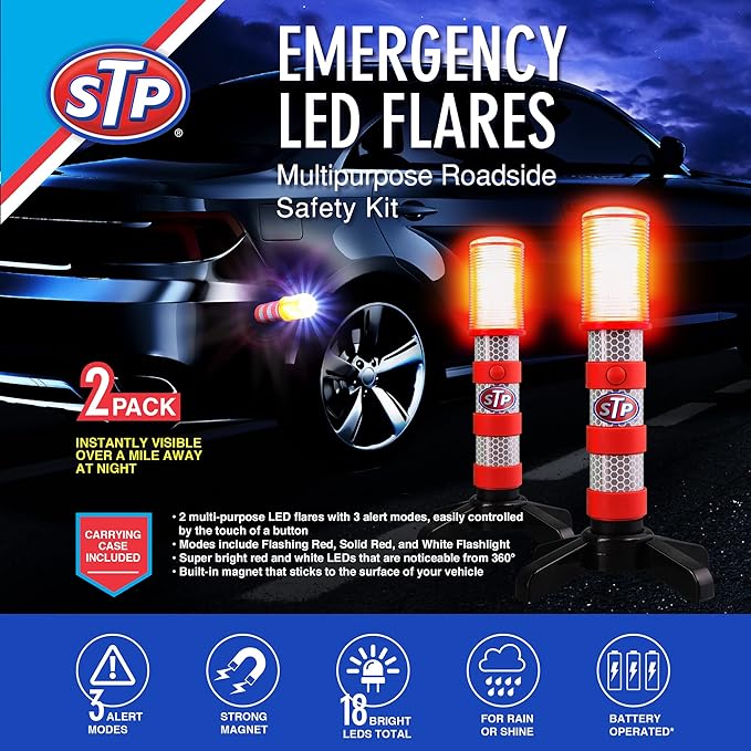 XTREME STP LED Road Flares, Emergency Road Flares for Vehicles, Car Flares with 3 Alert Modes, Magnetic Base, Foldable Stand, Emergency Roadside Lights, Visible Up to 1 Mile, White Flashlight