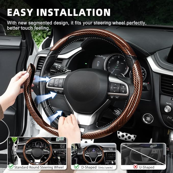 3pcs Carbon Fiber Anti-Skid Steering Wheel Cover, Waterproof Design, Universal Fit for 14-16 Inch Car Wheel Cover, Interior Car Accessories for Jeeps, SUVs, Trucks (Glossy Brown)