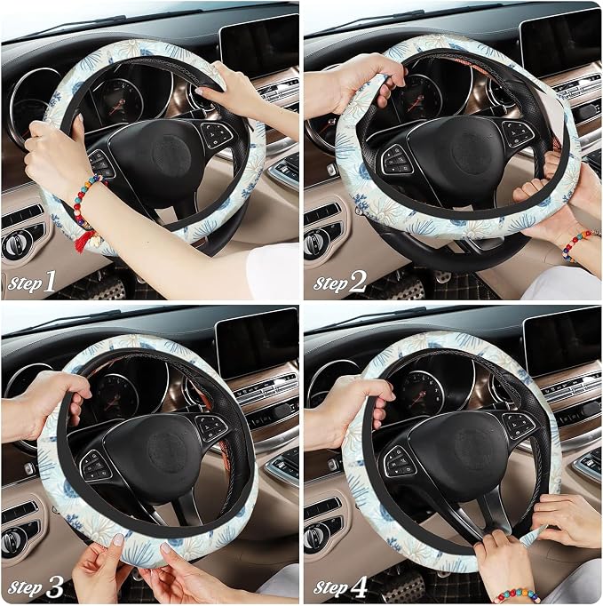 Marine Seashells Steering Wheel Covers Corals Universal 15 Inch Car Wheel Cover,Anti-Slip Breathable Car Accessories Protector Fit for Trucks,Sedans,SUVs,Vans