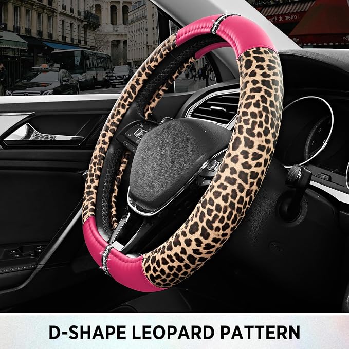 Leopard Steering Wheel Cover for Women, Cute Anti-Slip Microfiber Leather, Fits D Shape Flat Bottom Steering Wheel 14.5-15 Inch - HotPink