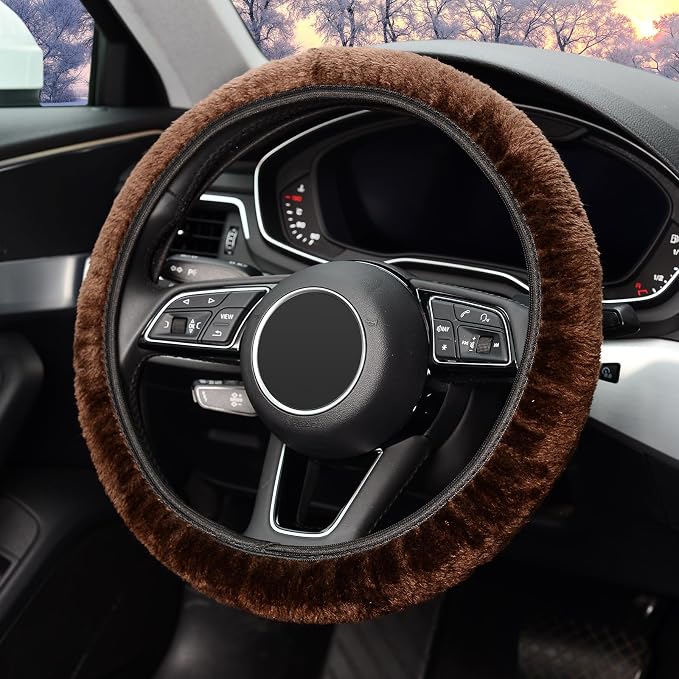 Elastic Long Microfiber Plush Steering Wheel Cover for Winter Warm, Universal 15 inch, Anti-Slip, Odorless, Brown