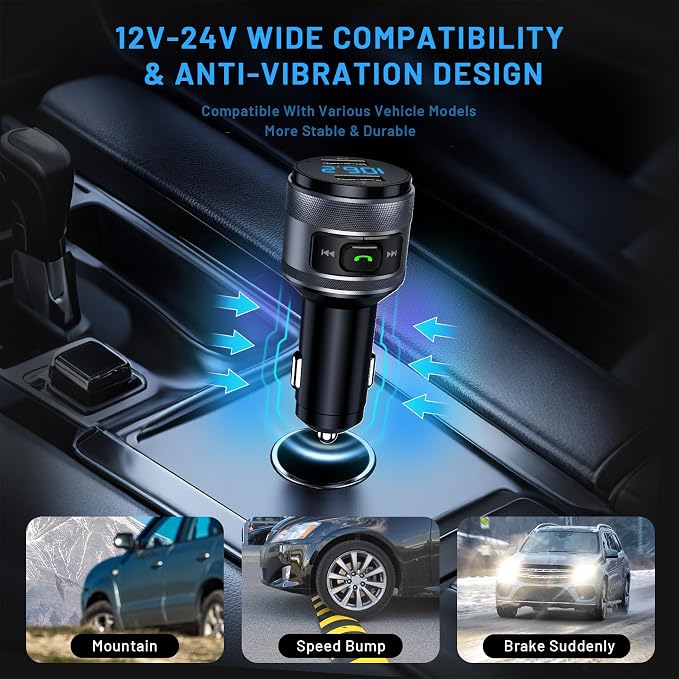 Bluetooth 6.0 FM Transmitter for Car, MP3 Music Player Wireless Radio Adapter Kit with QC 3.0 Fast Charger, Hands-Free Calling, Supports USB Drive for 12V/24V Vehicles